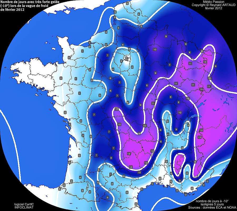 nombre de jours avec très forte gelée (-10°) en France lors de la vague de froid de février 2012 météopassion