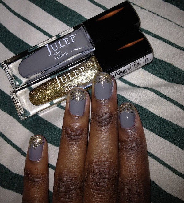 julep nail polish. colors: Meryl (grey cream) and Oscar (gold glitter)