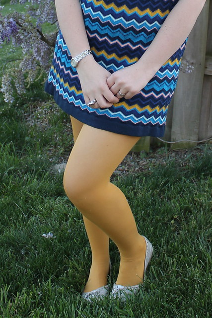 Easter outfit: SIlver flats, mustard tights, Missoni for Target chevron dress, dusty rose felt cloche