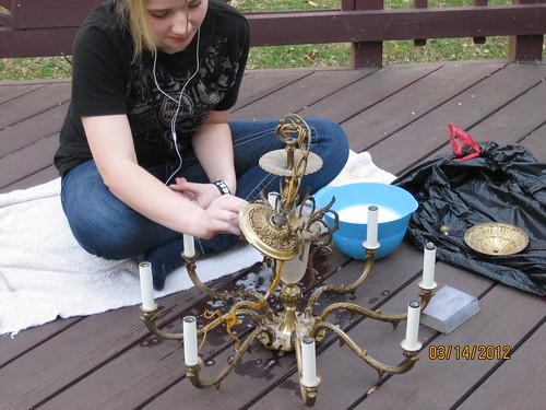 3/14/12 - Rebecca prepping her chandelier for spray painting