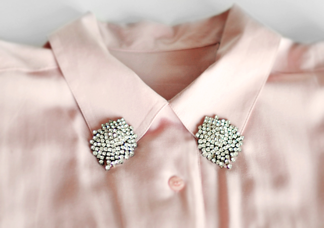 collar tips diy-pink blouse- rhinestone collar