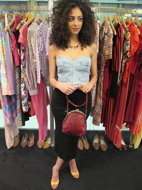 Denim bustier, cloisonne necklace, shoes and vintage maroon sling bag from Granny's Day Out.