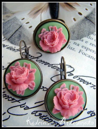 DSCAnel e brincos vintage - Floral verde/rosa by kideias - Artesanato