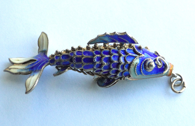 Vintage blue enamel Chinese Koi fish pendant
