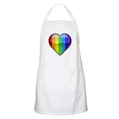 A white apron with a rainbow striped heart on the chest