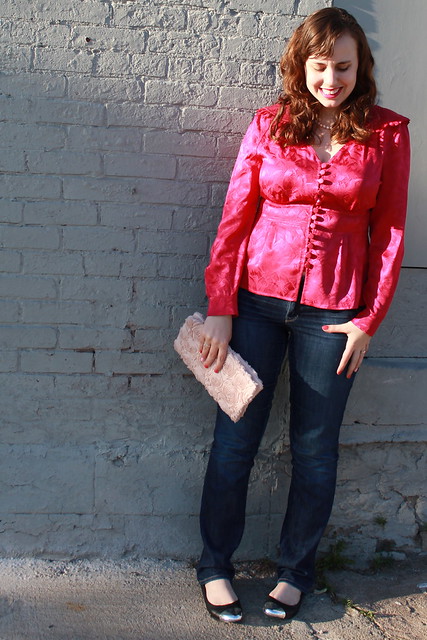 Magenta outfit: Marc by Marc Jacobs Edwardian-inspired silk blouse, Gap straight-leg jeans, Topshop metal-capped leather ballet flats, pearls, rosette clutch