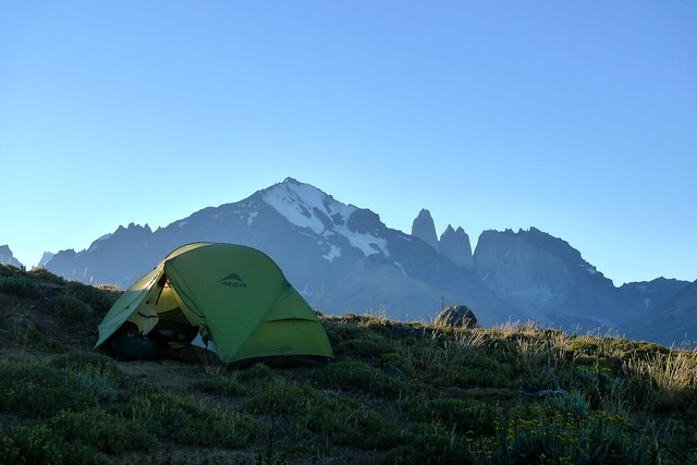 Tent pitched in view of the Torres del Paine