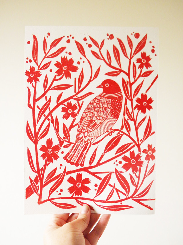 Linocut Block print- Red bird