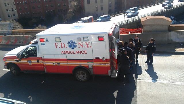 Jumper / EDP being loaded into an ambulance on the Brooklyn Bridge