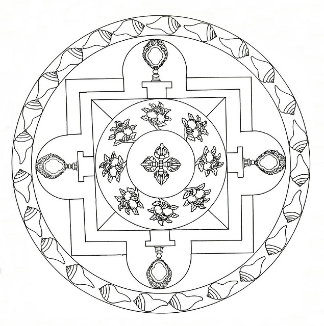 circular Tibetan Mandala line drawing with shell border
