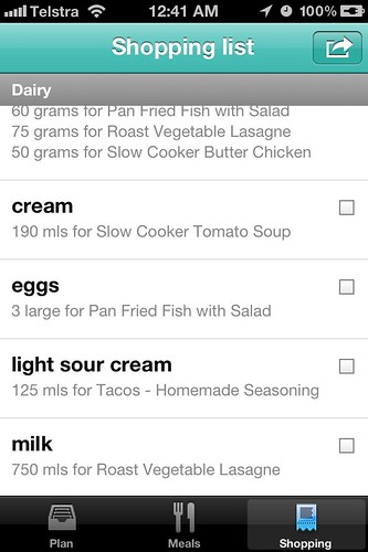 Menu Planner App - shopping list