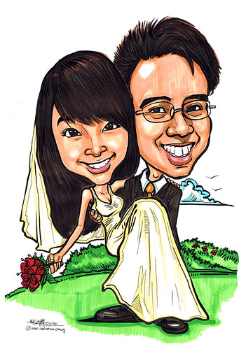 Wedding couple caricatures at garden