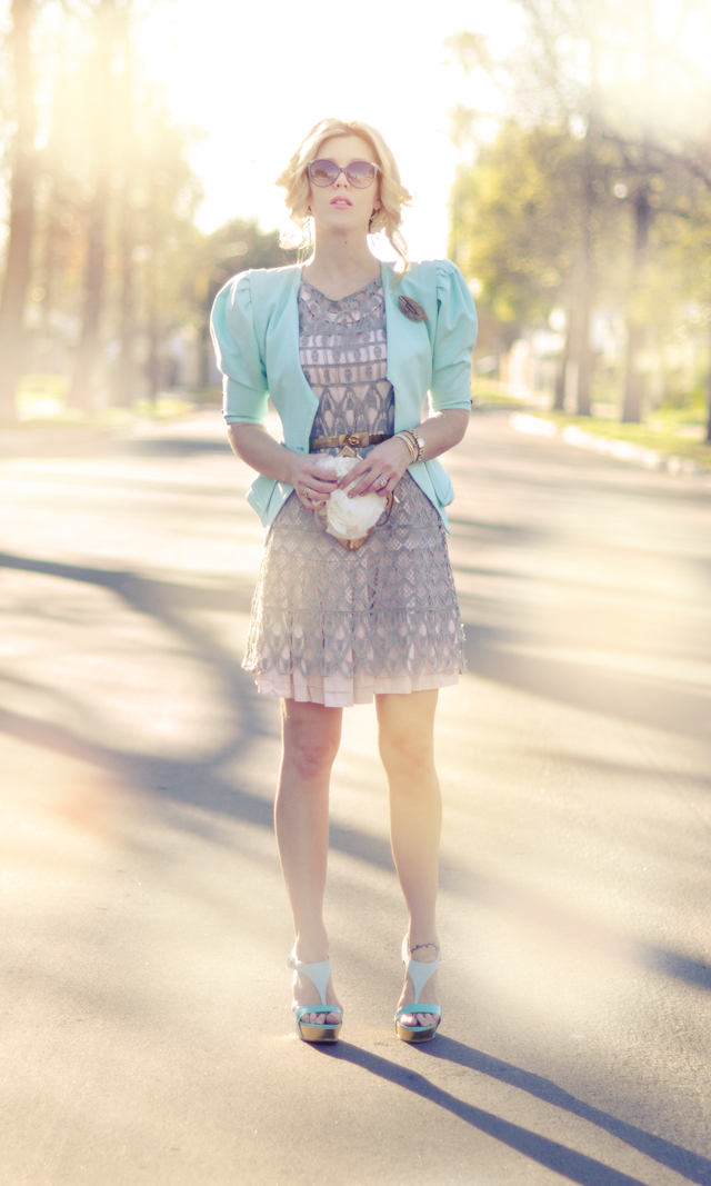 pretty pastel outfit -feminine -mint green-pale pink-gold and gray