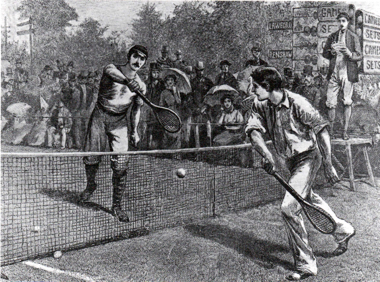 William Renshaw and Herbert Lawford, playing a match at the Wimbledon Championships in the 1880s