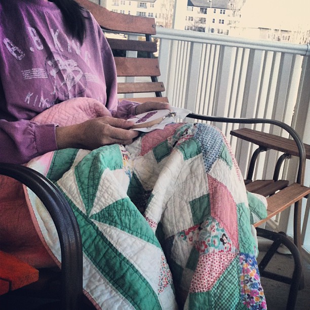 March 16. Morning stitching on the porch