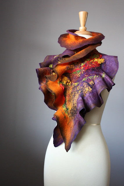 Nuno Felted scarf Wool Silk Purple Brown Orange collage Abstract Contemporary 