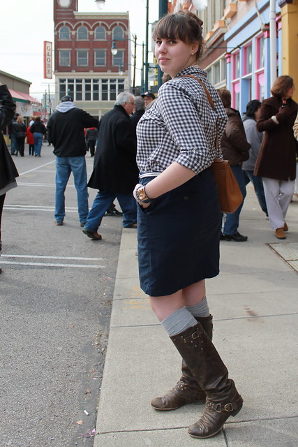 Findlay Market outfit: leather boots, gray socks, navy nautical pencil skirt with rope belt from Anthropologie, Kelly bag, pearls, gingham shirt from Eddie Bauer