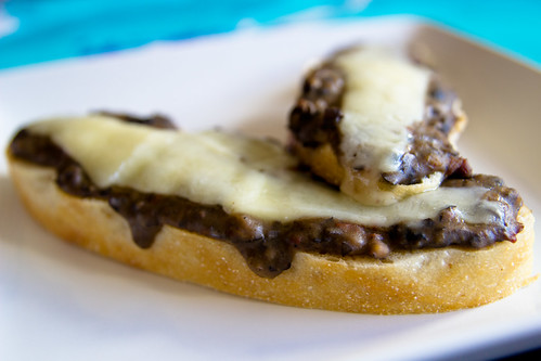 Toasted Ciabatta with Fontinella Cheese and Black Bean Dip from Cinco de Mayo Salsas