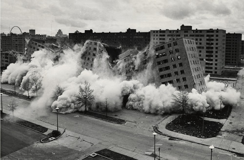 demolition of Pruitt-Igoe (photo by St Louis Post-Dispatch & State Historical Society of MO, press image for The Pruitt-Igoe Myth)