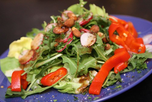 Butter Lettuce and Arugula Salad with Radishes, Roasted Red Pepper, Roasted Almonds, and Dill