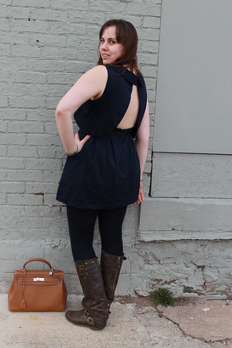 Chevron and open-back outfit: leather boots, wool tights, open-back navy dress, vintage leather link belt, Kelly bag, Missoni for Target cardigan