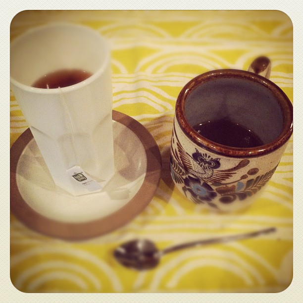 Making espresso almond milk tea in my fave yard sale mug.