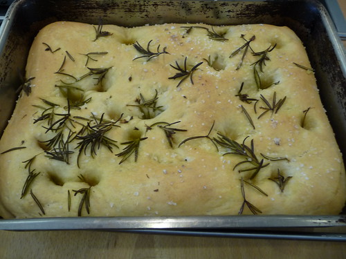 Focaccia topped with Rachel's rosemary in flower