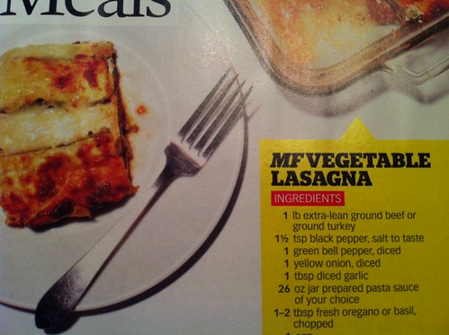 MF vegetable lasagna, first ingredient: ground beef.