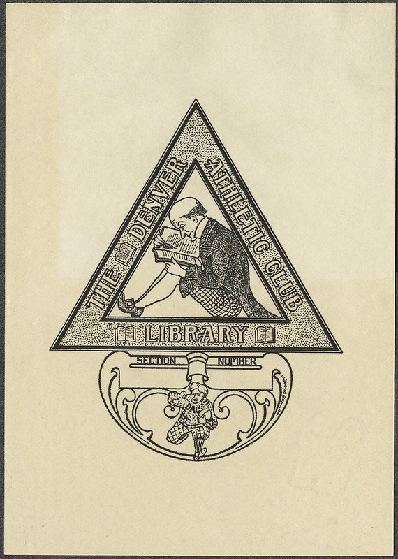fun bookplate engraving with man reading book sitting in a triangle