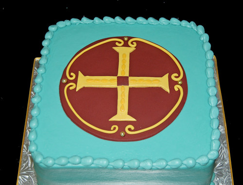 Communion Cake - blue, gold and maroon