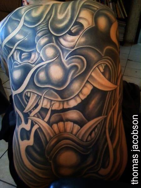 full back Japanese style Oni mask done in six sittings by Thomas Jacobson at