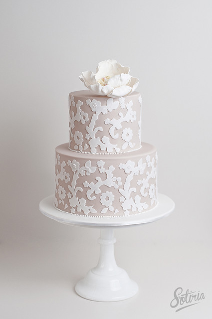 Lace applique wedding cake Latte and white lace applique cake for Ilsa 