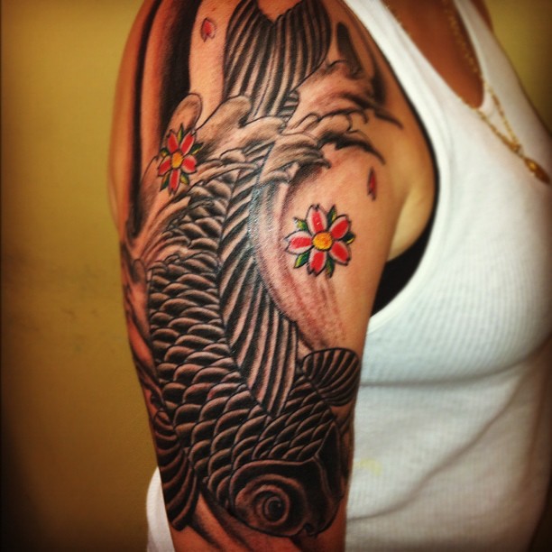 koi fish tattoo blackandgrey tattoo black grey female arm