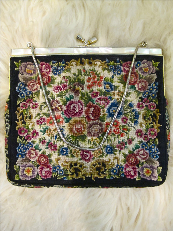 Pretty needlepoint evening purse with mother-of-pearl accents