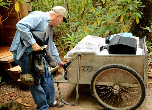 Packing up after a visit to Breitenbush Hot Springs, bicycle wheel cart, Breitenbush, Oregon, USA by Wonderlane