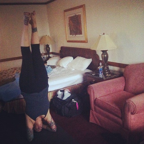 Hotel room yoga. Sirsha-asana.
