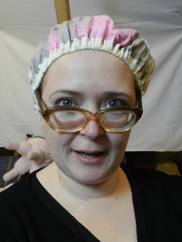 Fun with a shower cap & granny goggles.. (See my udder pillow in the background)