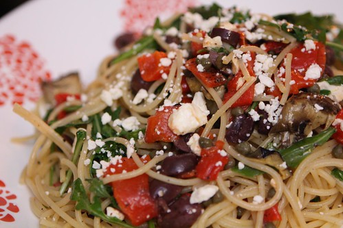Leftover Pasta with Grilled Artichoke Hearts, Roasted Red Peppers, Kalamata Olives, Arugula, Capers, and Feta Cheese