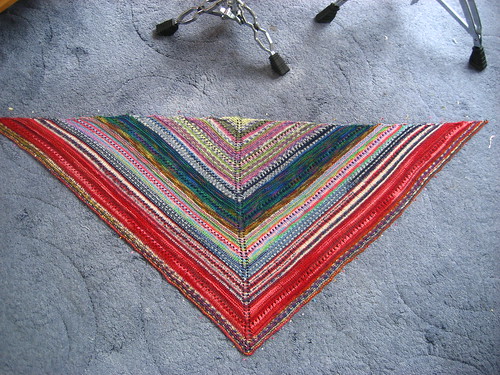 Multicoloured sock yarn shawl - blocking