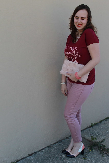 Bleached tee outfit: DIY bleached tee, dusty rose colored Gap skinny jeans, tri-color oxford heels, rosette clutch, pearls, khaki blazer