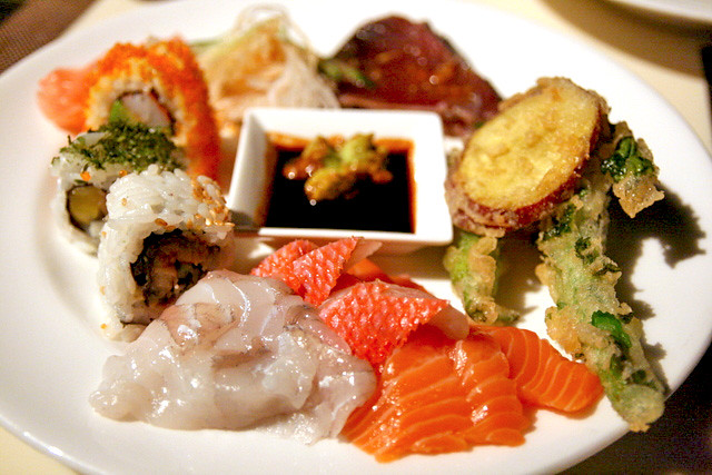 Mixed sushi, sashimi, katsuo tataki and tempura