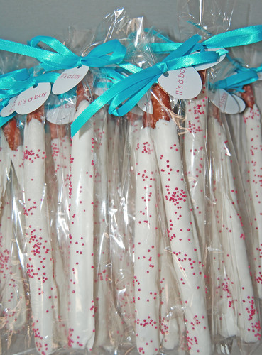 chocolate dipped pretzels party favors- red and aqua