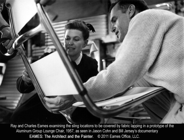 Ray and Charles Eames working on chair prototype (1957)