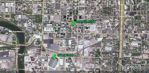 Lucas Oil Stadium in downtown Indianapolis (via Google Earth)