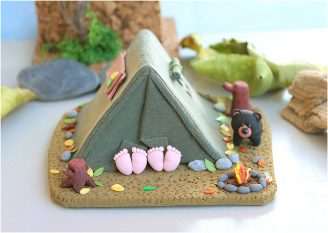 Camping wedding cake topper with black bear