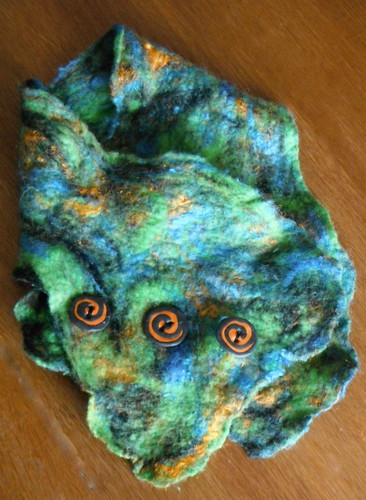 Hand felted Cowl with hand made poly clay buttons