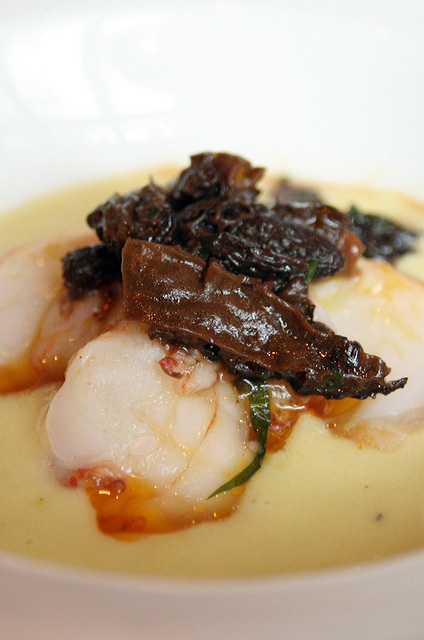 Slow cooked slipper lobster with leek veloute and morel mushroom