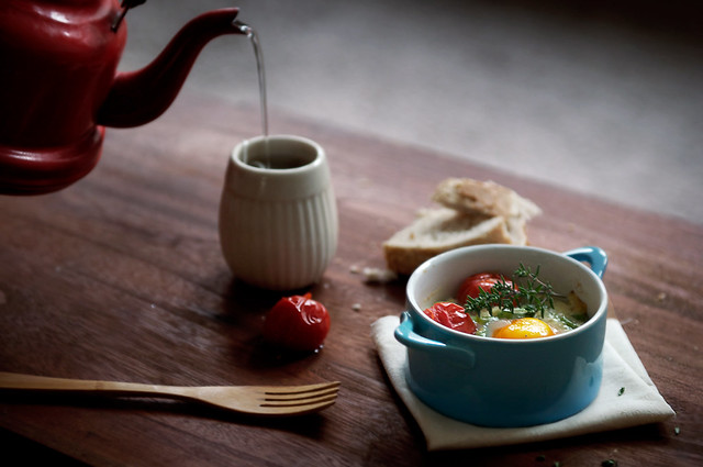Baked eggs with romano beans, parmesan and roasted tomatoes - Creative Still Life Photography