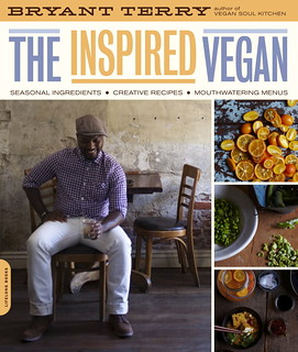 Cover of the Inspired Vegan, showing a photograph of Bryant Terry, a young black man, sitting on a chair with a drink in his hand