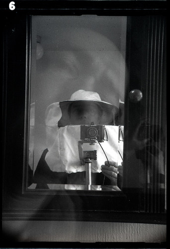 reflected self-portrait with Baldi camera and beekeeping hat and veil by pho-Tony